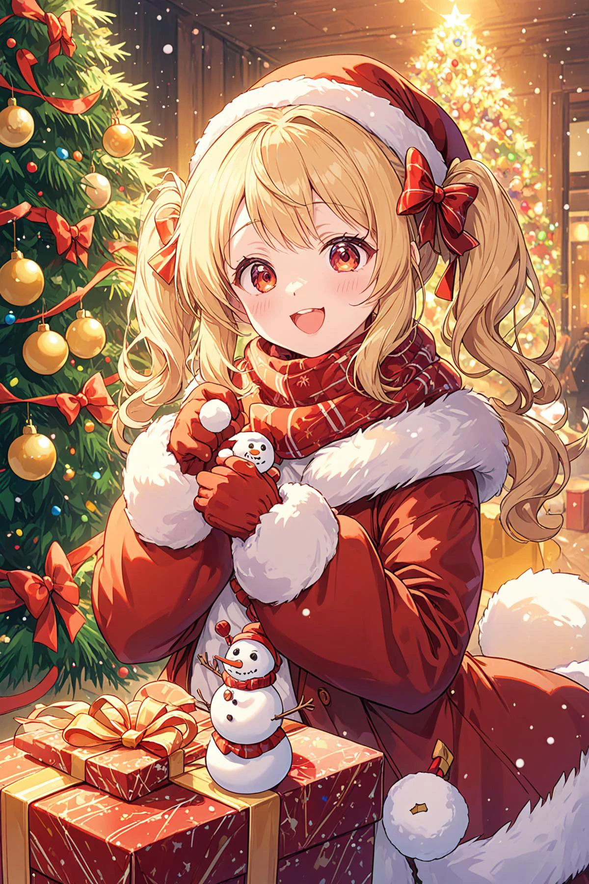 ltra-detailed,(best quality),((masterpiece)),(highres),original,extremely detailed 8K wallpaper,(an extremely delicate and beautiful),
anime,
\\,
BREAK
1girl, snowman, gift, christmas, solo, looking at viewer, hat, open mouth, smile, ahoge, mittens, gloves, food, twintails, scarf, blonde hair, candy, dress, red eyes, bow, christmas tree, ribbon, orange eyes, fur trim, :d, box, bell, red headwear, coat, long sleeves