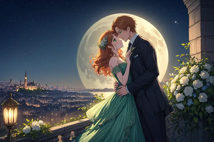 (best quality),((masterpiece)),(highres),original,extremely detailed 8K wallpaper,(an extremely delicate and beautiful),
anime,
\\,
woman on the night embankment,leaning on the parapet,ginger hair,green eyes,evening luxurious dress,brunette (man:1.2) in a suit with a bouquet of flowers,full moon,detailed night sky,detailed night city,cinematic,light shining,sharp focus,highly intricate,elegant,very coherent,innocent,designed,shiny,