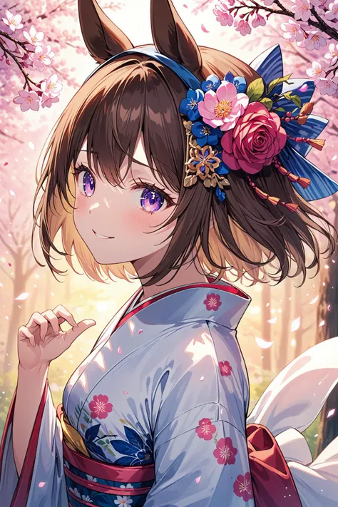 ultra-detailed,(best quality),((masterpiece)),(highres),original,extremely detailed 8K wallpaper,(an extremely delicate and beautiful),
anime,
\\,
1girl,japanese clothes,solo,kimono,animal ears,horse ears,hair over one eye,brown hair,flower,purple eyes,sash,smile,obi,blush,wide sleeves,white kimono,rose,blue flower,blue rose,floral print,closed mouth,horse girl,long sleeves,print kimono,cherry blossoms,looking at viewer,upper body,petals,hair flower,hat,bangs,blurry,arm up,blurry foreground,tilted headwear,depth of field,hair ornament,short hair,one eye covered,hand up,eyebrows visible through hair,long hair,blurry background,pink flower,alternate costume,cloudy-sky river forest tree sunset from-side from-above expressionless smile,