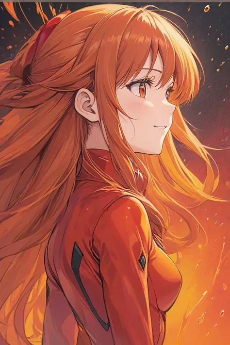 comic portrait of a souryuu asuka langley,light smile,orange and red palette,splash of emotions,. graphic illustration,comic art,graphic novel art,vibrant,highly detailed,((full body)),side view down,