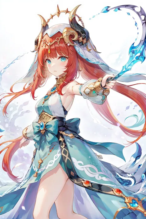 ultra-detailed,(best quality),((masterpiece)),(highres),original,extremely detailed 8K wallpaper,(an extremely delicate and beautiful),best_hand,
anime,
1girl,nilou (genshin impact),red hair,aqua eyes,hair ornament,horns,white background,
<lora:nilou_xl:0.7>,