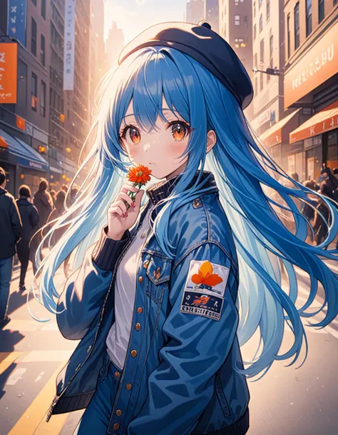 ultra detailed high quality , walking in the streets of new york , wearing a hat and a cool trendy jacket , jeans , red sneakers shoes , long blue hair , adult female  