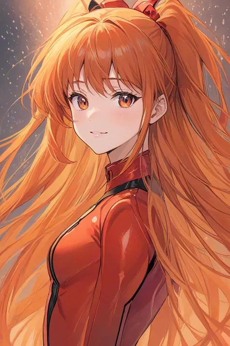 comic portrait of a souryuu asuka langley,light smile,orange and red palette,splash of emotions,. graphic illustration,comic art,graphic novel art,vibrant,highly detailed,((full body)),side view down,