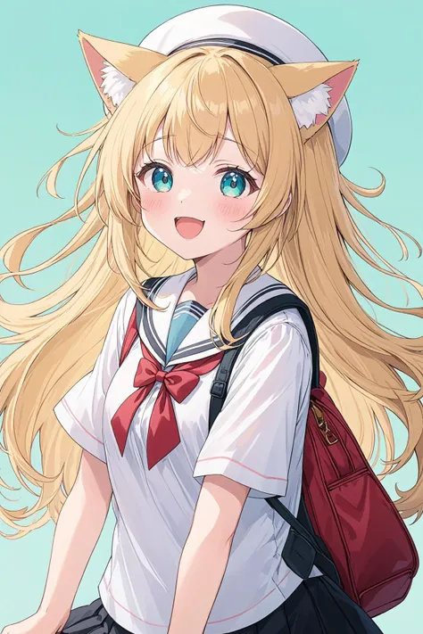 ltra-detailed,(best quality),((masterpiece)),(highres),original,extremely detailed 8K wallpaper,(an extremely delicate and beautiful),
anime,
\\,
BREAK
1girl, animal ears, backpack, long hair, bag, blonde hair, virtual youtuber, hat, skirt, open mouth, cat ears, two side up, randoseru, black skirt, white headwear, fang, short sleeves, smile, blush, school uniform, solo, bangs, holding, very long hair, akai haato, shirt, looking at viewer, white shirt, sailor collar, :d, two-tone background, stuffed toy, skin fang, ribbon, holding stuffed toy, animal ear fluff, aqua eyes, simple background, red bag, serafuku
