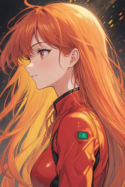 comic portrait of a souryuu asuka langley,light smile,orange and red palette,splash of emotions,. graphic illustration,comic art,graphic novel art,vibrant,highly detailed,((full body)),side view down,