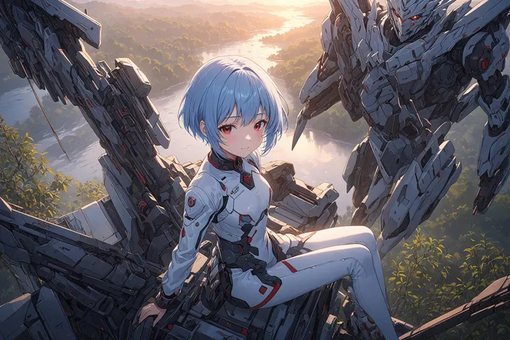 ultra-detailed,(best quality),((masterpiece)),(highres),original,extremely detailed 8K wallpaper,(an extremely delicate and beautiful),
anime,
Epic CG masterpiece,AYANAMI REI,hdr,dtm,full ha,Sitting on mecha device,8K,ultra detailed graphic tension,dynamic poses,stunning colors,3D rendering,surrealism,cinematic lighting effects,realism,00 renderer,super realistic,full - body photos,super vista,super wide Angle,HD,(Short light blue hair:1.1),(red eyes:1.1),
BREAK
cloudy-sky river forest tree sunset from-side from-above expressionless smile,