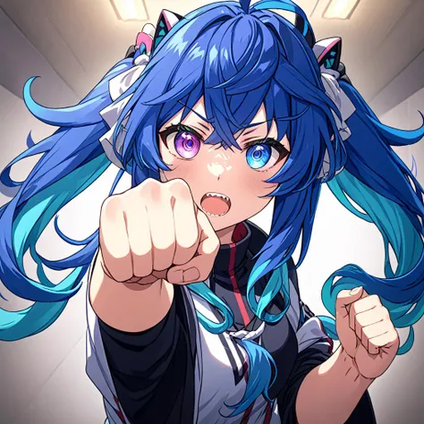 twin turbo \(umamusume\), five fingers, (solo:1.1), blue hair, heterochromia,
masterpiece, best quality, depth of field, vignette, anime style, shading,
POV punching viewer, fist, five fingers on fist,
<lora:pony_turbo_v2:1>
