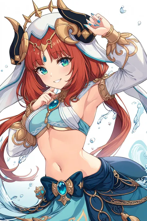 (best quality),((masterpiece)),(highres),original,extremely detailed 8K wallpaper,(an extremely delicate and beautiful),
anime,
\\,
1girl,nilou (genshin impact),solo,smile,horns,veil,red hair,long hair,breasts,navel,looking at viewer,jewelry,long sleeves,skirt,crop top,arm up,bangs,medium breasts,twintails,stomach,harem outfit,puffy long sleeves,grin,puffy sleeves,fake horns,blue eyes,brooch,water,aqua eyes,gold trim,blue nails,blue skirt,parted bangs,low twintails,bracer,white background,
<lora:nilou_xl-v3:0.7>,