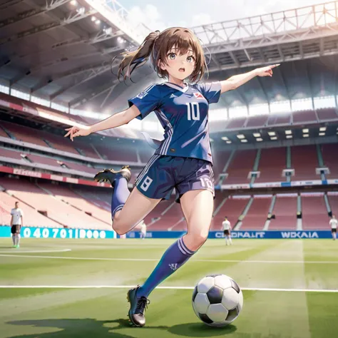 Japanese girl football player makes wonderful shooting move, shot moment, shooting move,only one football, exquisite details,high quality, best quality,perfect anatomy