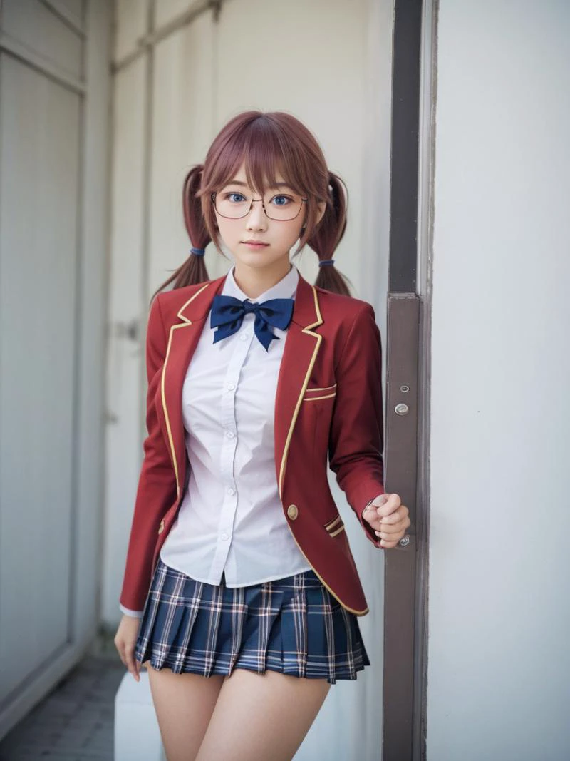 (ultra realistic 8k CG:1.2), (masterpiece:1.3), (absurdres:1.3), (best quality:1.3), (8K), ((perfect face)), ((detailed hands)), detailed eyes, (vivid colors), (intricate details:1.3), vibrant colors, (ultra-detailed:1.3),
(unparalleled masterpiece,best quality:1.2),(extremely intricate:1.2),70mm telephoto lens,
((dinamic lighting)), school scene, Japanese school, building, sidewalks, outside, random pose, cowboy shot
BREAK,
1girl, closed mouth, airi sakura, blue eyes, glasses, long hair, pink hair, (low twintails:1.5),
BREAK
glasses, advanced nurturing high school uniform, blazer, red blazer, bow, bowtie, collared shirt, jacket, long sleeves, pleated skirt, school uniform, shirt, shoes, skirt, white shirt, white skirt, white socks, (looking at viewer), (nice hands, perfect hands), <lora:GoodHands-vanilla:1>, <lora:AiriSakuraClassroomoftheElitev1:0.8>