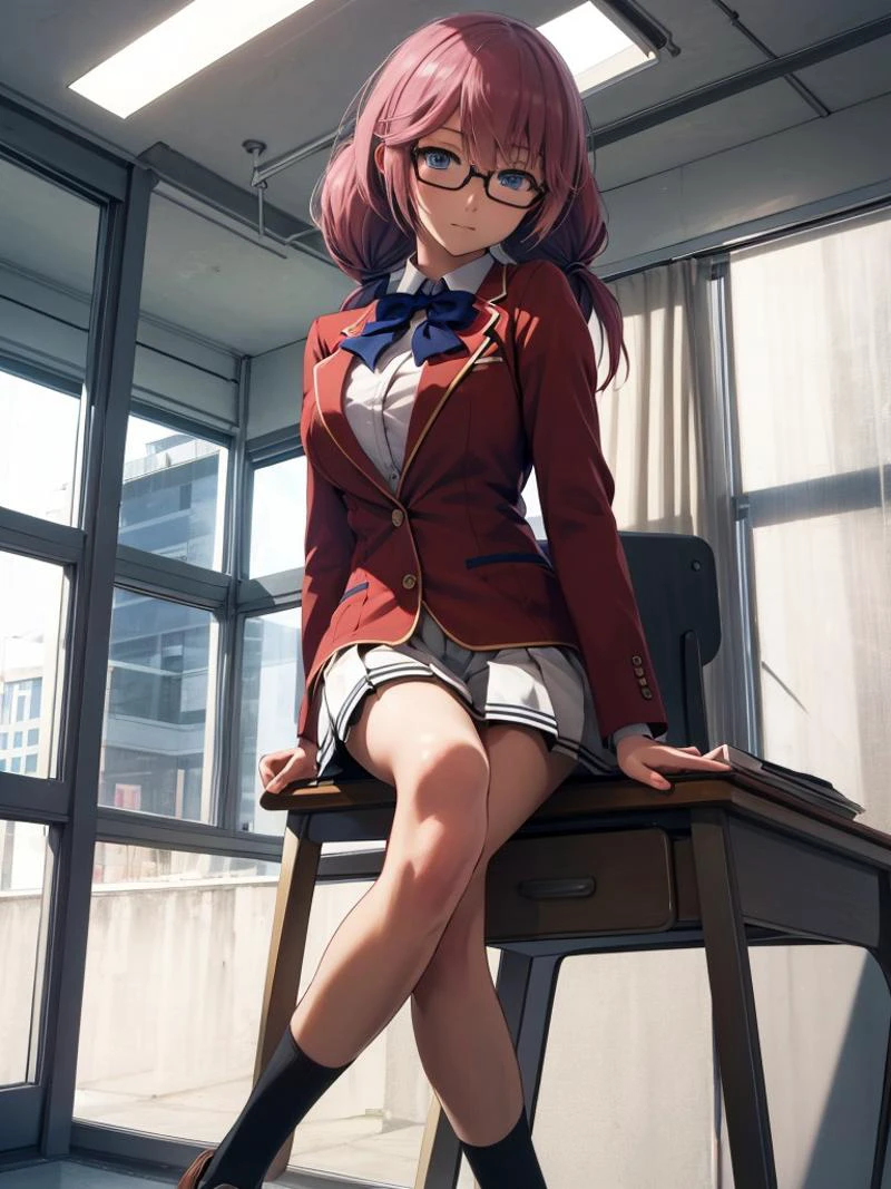 (ultra realistic 8k CG:1.2), (masterpiece:1.3), (absurdres:1.3), (best quality:1.3), (8K), ((perfect face)), ((detailed hands)), detailed eyes, (vivid colors), (intricate details:1.3), vibrant colors, (ultra-detailed:1.3),
(unparalleled masterpiece,best quality:1.2),(extremely intricate:1.2),70mm telephoto lens,
((dinamic lighting)), school scene, indoors, Japanese school, classroom, chairs, sitting
BREAK,
1girl, closed mouth, airi sakura, blue eyes, glasses, long hair, pink hair, (low twintails:1.5),
BREAK
glasses, advanced nurturing high school uniform, blazer, red blazer, bow, bowtie, collared shirt, jacket, long sleeves, pleated skirt, school uniform, shirt, shoes, skirt, white shirt, white skirt, white socks, (looking at viewer), (nice hands, perfect hands), <lora:GoodHands-vanilla:1>, , <lora:AiriSakuraClassroomoftheElitev1:0.8>