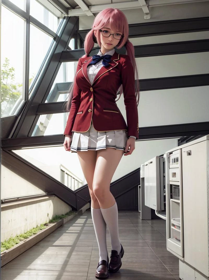 (ultra realistic 8k CG:1.2), (masterpiece:1.3), (absurdres:1.3), (best quality:1.3), (8K), ((perfect face)), ((detailed hands)), detailed eyes, (vivid colors), (intricate details:1.3), vibrant colors, (ultra-detailed:1.3),
(unparalleled masterpiece,best quality:1.2),(extremely intricate:1.2),70mm telephoto lens,
((dinamic lighting)), school scene, Japanese school, building, sidewalks, outside, random pose, cowboy shot
BREAK,
1girl, closed mouth, airi sakura, blue eyes, glasses, long hair, pink hair, (low twintails:1.5),
BREAK
glasses, advanced nurturing high school uniform, blazer, red blazer, bow, bowtie, collared shirt, jacket, long sleeves, pleated skirt, school uniform, shirt, shoes, skirt, white shirt, white skirt, white socks, (looking at viewer), (nice hands, perfect hands), <lora:GoodHands-vanilla:1>, <lora:AiriSakuraClassroomoftheElitev1:0.8>