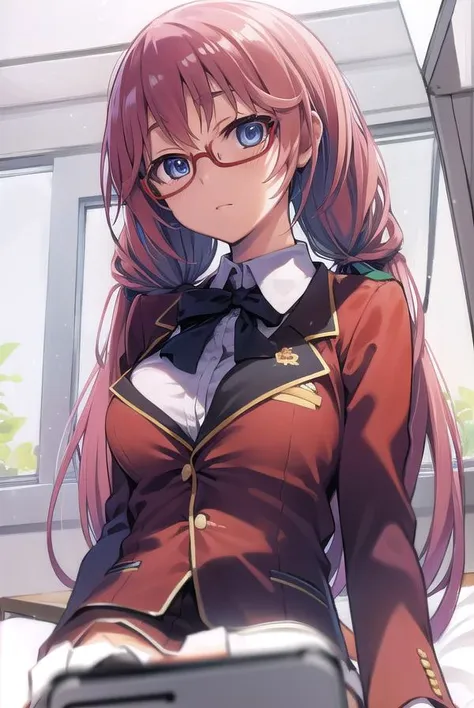 airisakura, <lyco:airisakura-lyco-nochekaiser:1>,
airi sakura, blue eyes, glasses, long hair, pink hair, (low twintails:1.5),
BREAK glasses, advanced nurturing high school uniform, blazer, red blazer, bow, bowtie, collared shirt, jacket, long sleeves, pleated skirt, school uniform, shirt, shoes, skirt, white shirt, white skirt, white socks,
BREAK looking at viewer, full body,
BREAK indoors, classroom,
BREAK <lyco:GoodHands-beta2:1>, (masterpiece:1.2), best quality, high resolution, unity 8k wallpaper, (illustration:0.8), (beautiful detailed eyes:1.6), extremely detailed face, perfect lighting, extremely detailed CG, (perfect hands, perfect anatomy),