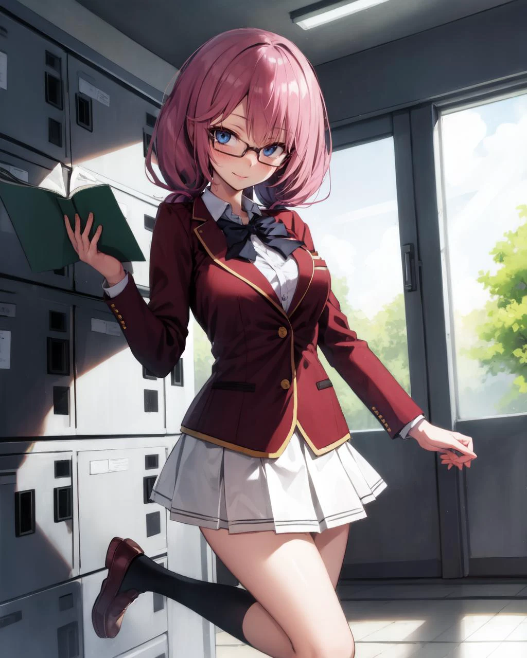 masterpiece, best quality, absurdres, 1girl, closed mouth, airi sakura <lora:airisakura-lyco-nochekaiser:0.8>, blue eyes, glasses, long hair, pink hair, (low twintails:1.5), BREAK glasses, advanced nurturing high school uniform, blazer, red blazer, bow, bowtie, collared shirt, jacket, long sleeves, pleated skirt, school uniform, shirt, shoes, skirt, white shirt, white skirt, white socks,
(looking at viewer), (tsurime) <lora:Tsurime:0.75>,, (nice hands, perfect hands), <lora:GoodHands-vanilla:1>, <lora:school_lockers_v0.5:0.7> lockers,
,
BREAK (Deep Depth Of Field), (perfect anatomy), cowbo
y, <lora:NoChichiBukuro:2> <lora:EraseGroinSkirt:1>, Volumetric Lighting
