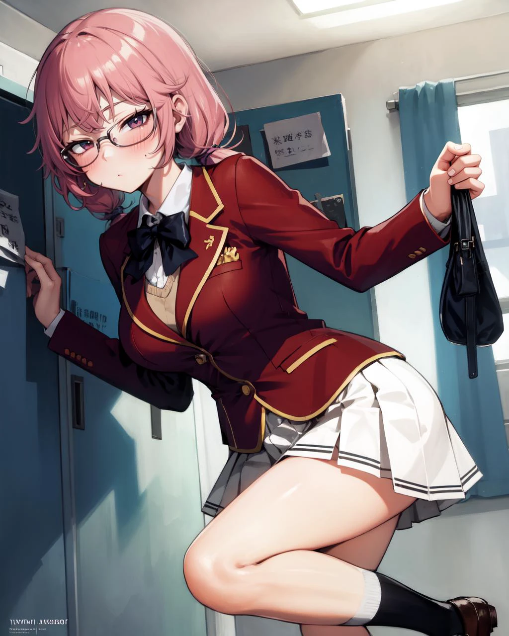 masterpiece, best quality, absurdres, 1girl, closed mouth, airi sakura <lora:airisakura-lyco-nochekaiser:0.8>, blue eyes, glasses, long hair, pink hair, (low twintails:1.5), BREAK glasses, advanced nurturing high school uniform, blazer, red blazer, bow, bowtie, collared shirt, jacket, long sleeves, pleated skirt, school uniform, shirt, shoes, skirt, white shirt, white skirt, white socks, <lora:locker_room_v0.1:1> locker room,
,
BREAK (nice hands, perfect hands), <lora:GoodHands-vanilla:1>, (Deep Depth Of Field), (perfect anatomy), Full shot, <lora:NoChichiBukuro:2> <lora:EraseGroinSkirt:1>, Volumetric Lighting