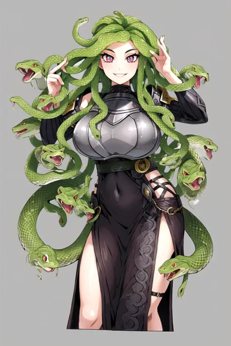 (snake hair:1.2), looking at viewer, smile, slit pupils, gigantic breasts, simple background, grey background, ribbed sweater, breastplate, <lyco:MonsterPromC-10:0.6>, <lyco:gorgon-10:0.6>