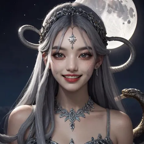 middle shot, outside, an exquisitely beautiful Medusa in intricate design precious dress, ([airy gleaming snake hair|stone grey color hair]), slim face, clear glowing eyes, long nose, evil grin, fangs, moon light, (OverallDetail:0.23), <lora:gorgon:0.75>