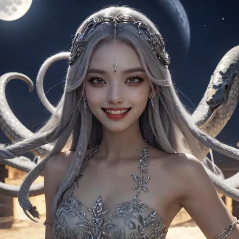 middle shot, outside, an exquisitely beautiful Medusa in intricate design precious dress, ([airy gleaming snake hair|stone grey color hair]), slim face, clear glowing eyes, long nose, evil grin, fangs, moon light, (OverallDetail:0.23), <lora:gorgon:0.75>