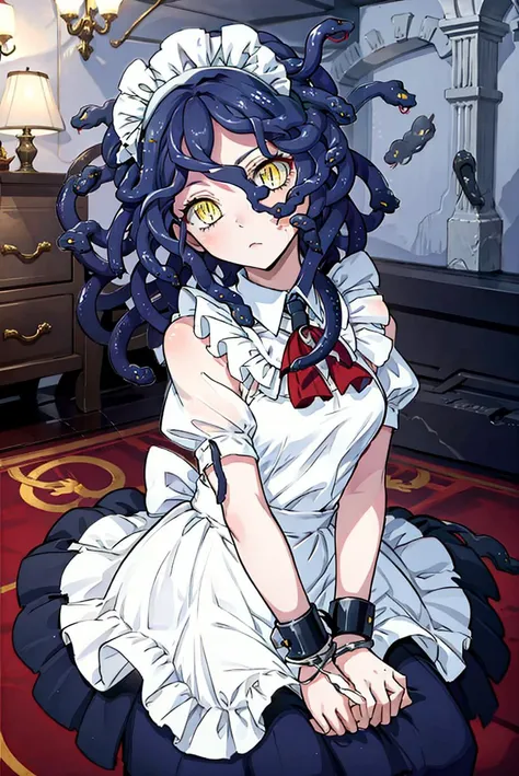 1girl, solo, yellow eyes, snake eyes, expressionless, long hair, light blue hair, (GORGON), (SNAKE HAIR), maid, apron, from above, looking at viewer, head tilt, HANDCUFFS, wariza, indoor, <lyco:Snake Hair V6:0.6> <lora:Handcuffs-06:0.7> <lyco:gorgon-10:0.6> <lora:snake-eyes:1>