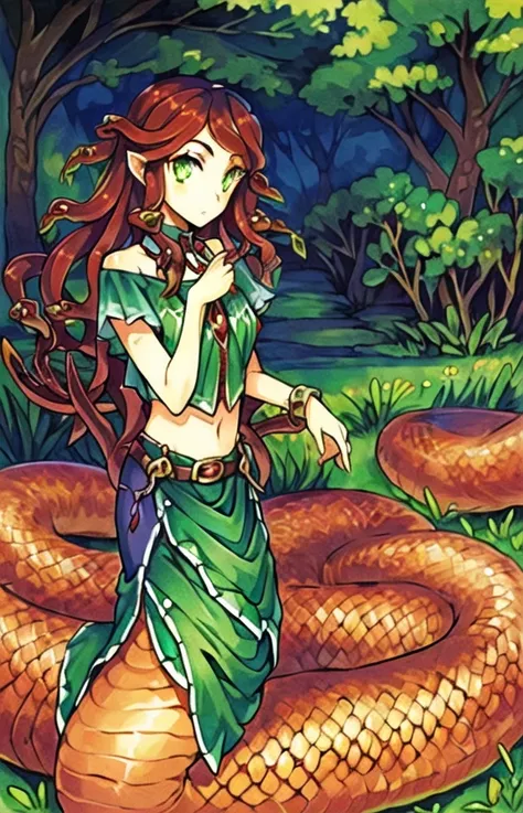 ((best quality)), ((highly detailed)), masterpiece, ((official art)), (detailed eyes, deep eyes), (1girl:1.33, solo), (<lora:snakeHair_snakeHairV6:.8>), (gorgon), slit pupils, red colored hair and scales, lamia, scales, tail, merged at waist, standing