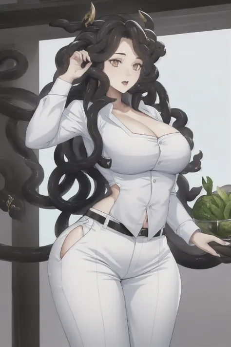 mature female, solo, large breasts, (gorgon), <lora:SnakeHairV4:0.7>, white shirt, black pants, wide hips, slit pupils, black hair, office,