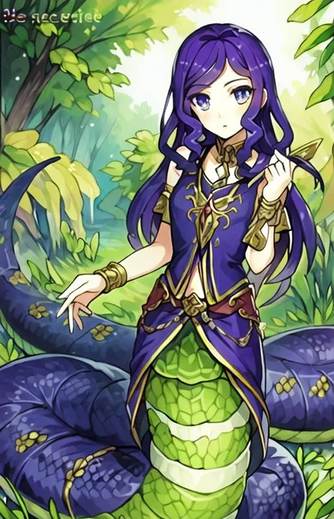 ((best quality)), ((highly detailed)), masterpiece, ((official art)), (detailed eyes, deep eyes), (1girl:1.33, solo), <lora:snakeHair_snakeHairV6:.75>, (gorgon), slit pupils, purple colored hair and scales, lamia, scales, tail, merged at waist, standing