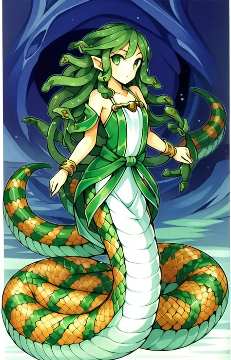 ((best quality)), ((highly detailed)), masterpiece, ((official art)), (detailed eyes, deep eyes), (1girl:1.33, solo), <lora:snakeHair_snakeHairV6:.7>, (gorgon), slit pupils, lamia, scales, tail, merged at waist, standing