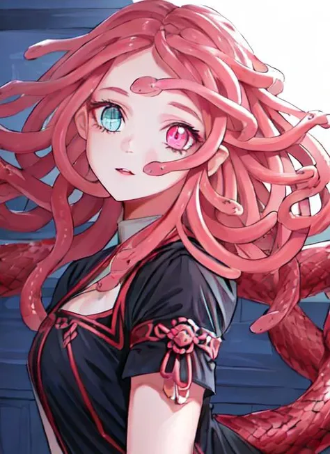 <lora:FEATURE_snakeHairV4:1>, medusa, snake hair, 64K, f1.2, 800mm, UHD, dynamic lighting, 1girl, heterochromia, twin braids, copper skin, Pearl Pink hair, full body