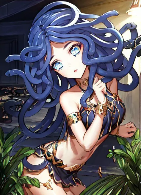 <lora:FEATURE_snakeHairV4:1>, medusa, snake hair, 64K, f1.2, 800mm, UHD, dynamic lighting, 1girl, dark blue eyes, Plant Hair, olive skin, Chocolate Brown hair, full body