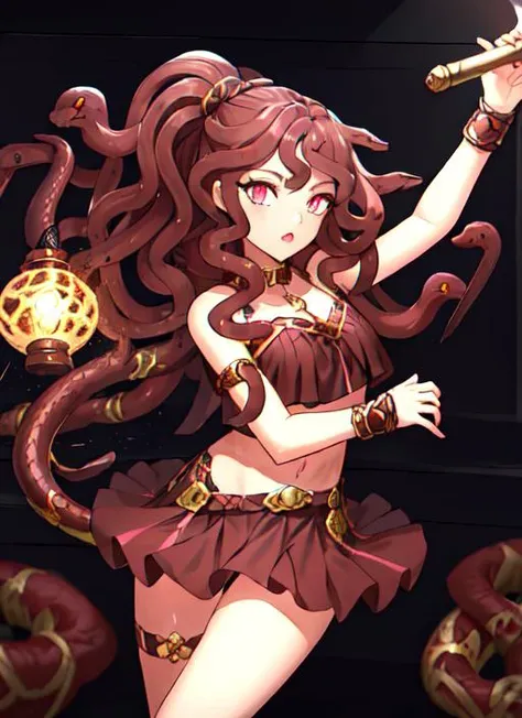 <lora:FEATURE_snakeHair_snakeHairV6:0.8>, medusa, snake hair, 64K, f1.2, 800mm, UHD, dynamic lighting, 1girl, dark pink eyes, side ponytail, copper skin, Musket Brown hair, full body