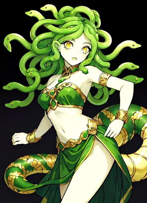 <lora:FEATURE_snakeHair_snakeHairV6:0.8>, medusa, snake hair, 64K, f1.2, 800mm, UHD, dynamic lighting, 1girl, yellow eyes, front ponytail, pale skin, Jade Green hair, full body