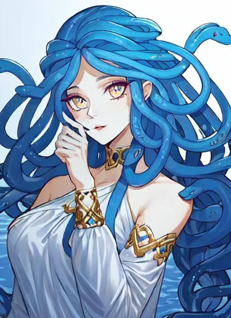 <lora:FEATURE_snakeHairV4:1>, medusa, snake hair, 64K, f1.2, 800mm, UHD, dynamic lighting, 1girl, heart eyes, crew cut, cream skin, Sea Blue hair, full body