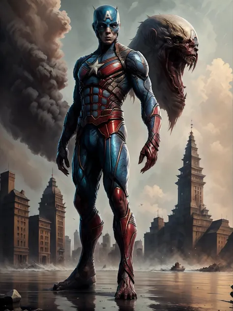 (8k, RAW photo, best quality, masterpiece:1.2),ultra realistic, masterpiece, <lora:Cthulhu_monster:0.65>, solo, white background, full body, monster, simple background, standing, captain america,