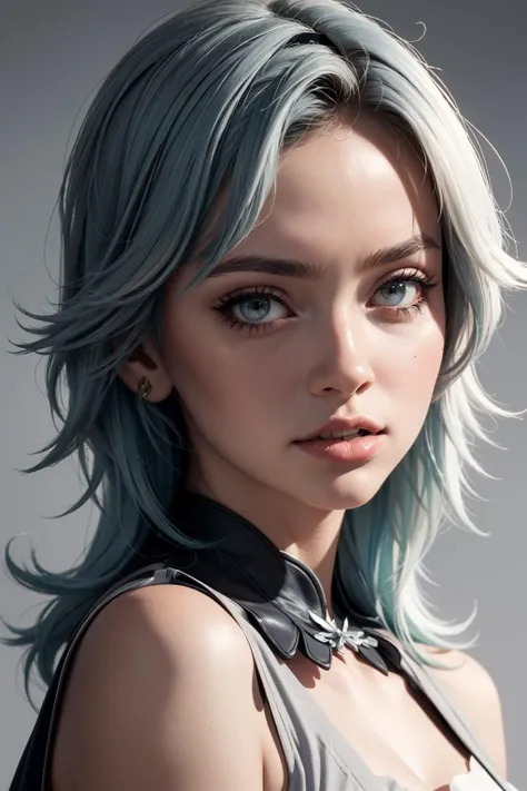 (best quality, masterpiece:1.4), absurdres, ultra-detailed CG, 8k, high detailed, beautiful face, detailed face, 1girl, solo, euladef, blue hair, hairband, toned, shiny skin, head tilt, standing still, ((grey background)), bloom, light particles, depth of field, cowboy shair, mouthght-on,  <lora:eula:1>