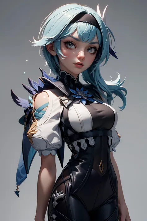 (best quality, masterpiece:1.4), absurdres, ultra-detailed CG, 8k, high detailed, beautiful face, detailed face, 1girl, solo, euladef, blue hair, hairband, toned, shiny skin, head tilt, standing still, ((grey background)), bloom, light particles, depth of field, cowboy shair, mouthght-on,  <lora:eula:1>