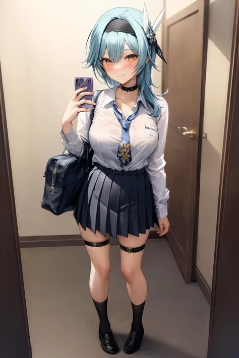 masterpiece, best quality, <lora:eula:1>,1girl, eula (genshin impact), solo, skirt, necktie, breasts, phone, full body, bag, shirt, blue hair, thigh strap, black skirt, looking at viewer, holding, choker, hairband, school uniform, socks, pleated skirt, holding phone, black choker, white shirt, large breasts, cellphone, black footwear, shoes, blue necktie, yellow eyes, alternate costume, standing, long sleeves, black socks, loafers, collared shirt, black hairband, bangs, thighs, smartphone, blush, medium hair, shirt tucked in, school bag, hand up, closed mouth, bra visible through clothes,smile, arm behind back, hair between eyes, contemporary, sidelocks, shoulder bag, miniskirt
