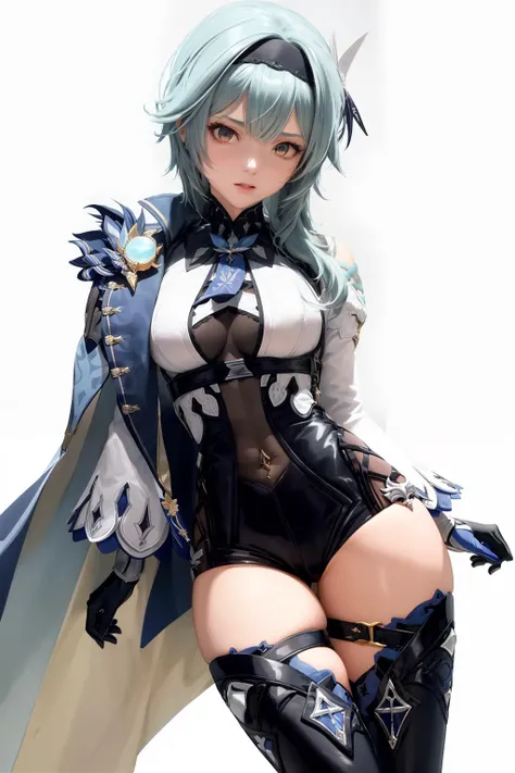 masterpiece, best quality, <lora:eula:1>, 1girl,eula \(genshin impact\),hairband,blue hair,multicolored eyes,necktie,cape,vision \(genshin impact\),leotard,long sleeves,gloves,sidelocks, black thighhighs, grey background,