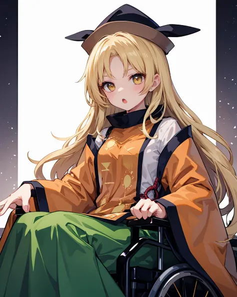 1girl,hat,long hair,blonde hair, yellow eyes, long sleeves,wide sleeves,detached sleeves, white shirt, tabard, green skirt,constellation print,
sitting,;o, <lora:MataraOkina:1>,wheelchair,