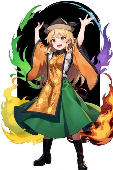 masterpiece, best quality,
<lora:MataraOkina:1>,
matara okina,1girl, long hair, alphes (style), style parody, solo, parody, open mouth, full body, blonde hair, wide sleeves, boots, skirt, transparent background, black footwear, tabard, hat, smile, standing, black headwear, detached sleeves, green skirt, shirt, long sleeves, white shirt, bangs, instrument, orange eyes, arms up, aura, brown headwear, :d, constellation print, fire, looking to the side