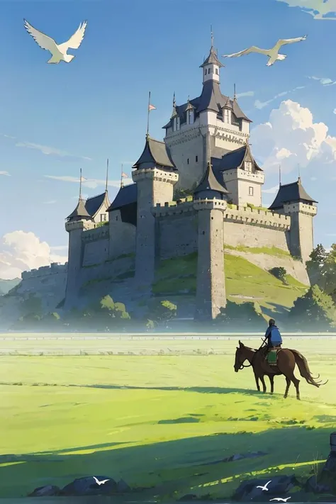 a japanese style fortress/castle in a field, a beautiful green grassy landscape surrounding it, and a clear blue sky above with a few birds, a lone wanderer besides his horse heads towards the castle