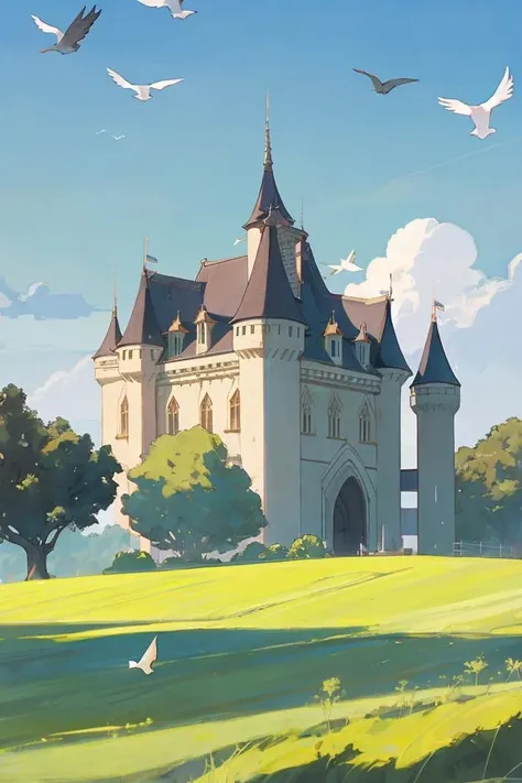 asian style castle in a field, a beautiful green grassy landscape surrounding it, and a clear blue sky above with a few birds, a lone wanderer besides his horse heads towards the castle