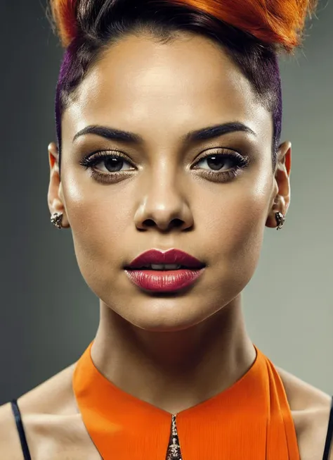 portrait of sks woman by Flora Borsi, style by Flora Borsi, bold, bright colours, orange Mohawk haircut, ((Flora Borsi)), <lora:lora_tessa_v1_from_v1_160:1>