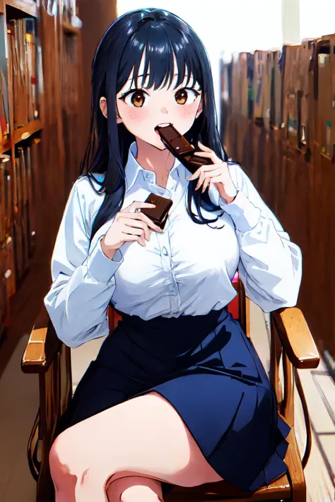 masterpiece, absurdres, ultra-detailed, Yamada Anna, long hair, long sleeves, open clothes, large breasts, school uniform, 1girl, black hair, blue pleated skirt, blazer, blush, white collared shirt, solo, (eating chocolate:1.5), blush, smile, surrounded by food, outdoors, (sitting in library:1.5), open mouth, <lora:Yamada Anna_V1-000005:0.8>,, (masterpiece:1.2), highres, best quality, 8k, very clear,