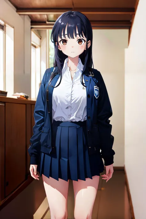 1girl, Yamada Anna, long hair, dark blue jacket, white collared shirt, partially unbuttoned, dark blue pleated skirt, school uniform, open clothes, long sleeves, medium breast, black lagwear, kneehighs, white footwear, uwabaki, <lora:Yamada Anna_V1-000005:0.8>, (masterpiece:1.2), highres, best quality, 8k, very clear,