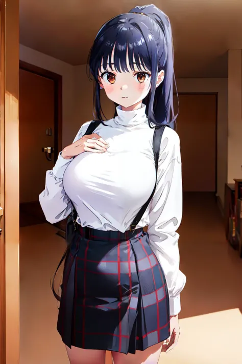 1girl, Yamada Anna, long hair, medium breast, <lora:Yamada Anna_V1-000005:0.8>, white turtleneck, plaid dress, checkered skirt, plaid skirt, suspender skirt, ponytail,, (masterpiece:1.2), highres, best quality, 8k, very clear,