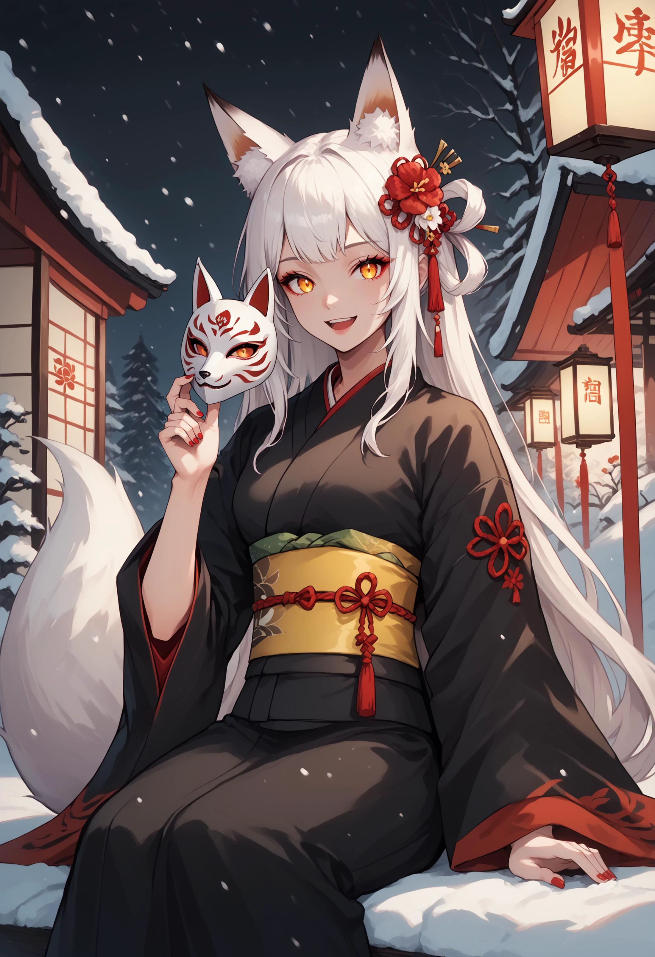 1girl,japanese clothes, long hair, kimono, solo, fox mask, animal ears, mask, white hair, snow, flower, fox ears, red eyes, open mouth, holding, sash, red nails, black kimono, fox girl, obi, red flower, wide sleeves, looking at viewer, sitting, long sleeves, very long hair, holding mask, fox tail, fox, nail polish, camellia, lantern, yellow eyes, yellow sash, smile, shimekazari, hand up, tail, hair ornament, hollow eyes, breasts, small breasts, outdoors, virtual youtuber, hair flower, hair rings, extra ears, BREAK PonyXLV6_Scores