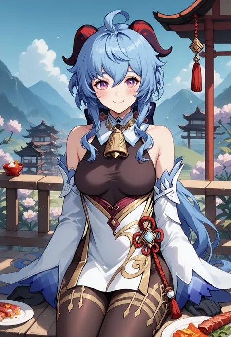 1girl, ganyu \(genshin impact\),  solo, horns, blue hair, breasts, food, long hair, looking at viewer, ahoge, gloves, detached sleeves, bell, baozi, purple eyes, bare shoulders, black gloves, medium breasts, vision \(genshin impact\), blush, white sleeves, gold trim, neck bell, smile, chinese knot, sitting, dumpling, sidelocks, flower knot, bodystocking, tassel, holding, bamboo steamer, east asian architecture, outdoors, hair flower, eating, low ponytail, long sleeves, rope, wide sleeves, lattice, bow, cup, pantyhose, black pantyhose, thighlet, baozi, hair ornament, flower, bacon, chicken \(food\), plate, light blue hair, fence, architecture, hair between eyes,  BREAK PonyXLV6_Scores