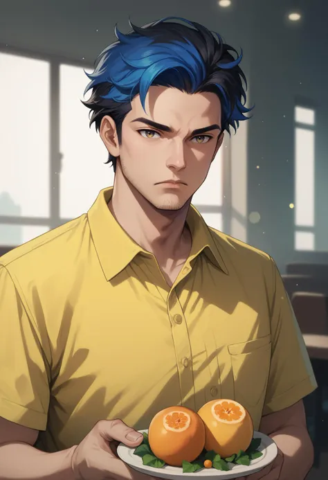 1boy, male focus, blue hair, two tone hair, black hair, short hair, facial hair, stubble, yellow shirt, collared shirt, shirt, solo, upper body, holding food, fruit, indoors, closed mouth, BREAK PonyXLV6_Scores DynaPortrait_PDXL