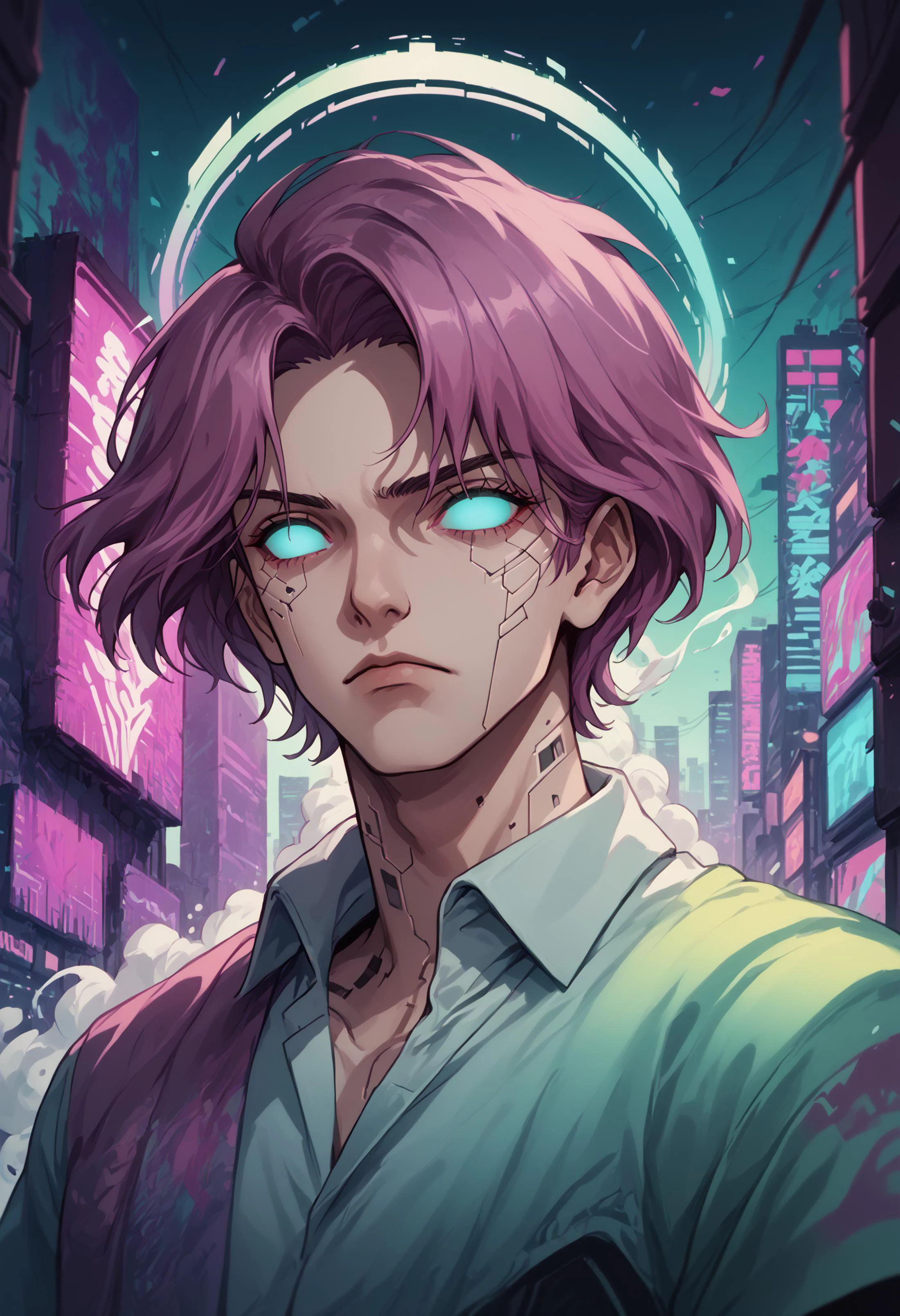 solo, 1boy, male focus, shirt, upper body, collared shirt, abstract, short hair, face halo, no face, vapor, smoke, glitch, horror (theme), glowing, , NeonCity_PDXL BREAK PonyXLV6_Scores