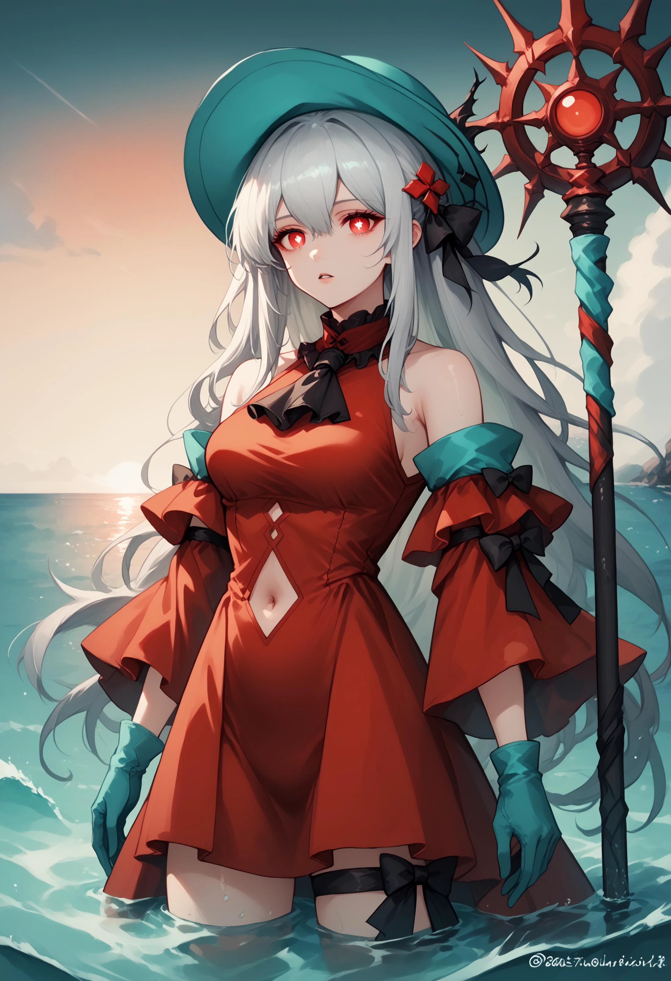1girl, skadi the corrupting heart \(arknights\), skadi \(arknights\), solo, red eyes, long hair, dress, red dress, navel cutout, breasts, official alternate costume, clothing cutout, bare shoulders, navel, detached sleeves, aqua headwear, water, very long hair, hat, ascot, hair between eyes, black ascot, grey hair, cowboy shot, white hair, medium breasts, long sleeves, wading, parted lips, standing, wide sleeves, leg ribbon, thighs, bow, ocean, staff, looking at viewer, outdoors, gloves, sunset, navel, frills, black ribbon, aqua gloves, white pupils, hair ornament, twitter username, bright pupils, ribbon, BREAK PonyXLV6_Scores